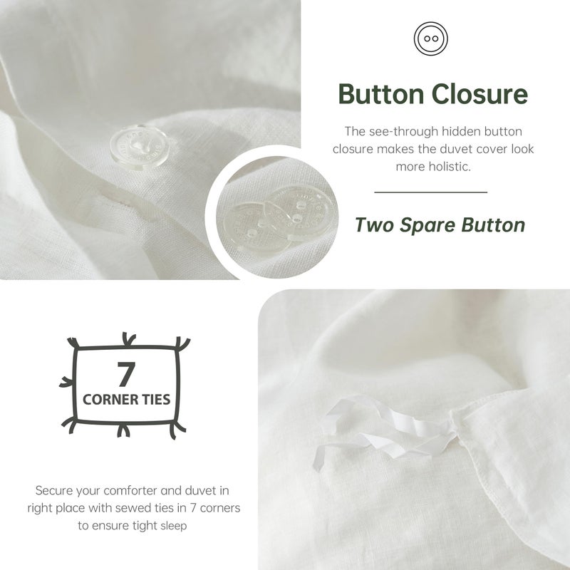 Simple&Opulence 100% Linen Duvet Cover Set, 3 PCS Natural French Flax White Duvet Cover Full Size, Breathable Soft Comfy Linen Bedding Comforter Cover with 2 Pillowcases(White, 78"x86") - Image 3